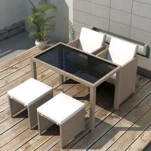 vidaXL 5 Piece Outdoor Dining Set with Cushions Poly Rattan Beige vidaXL 5 Piece Outdoor Dining Set with Cushions Poly Rattan Beige