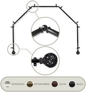 Ruston 13/16 inch 5-Sided Bay Window Curtain Rod 28-48" - Black