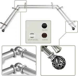 Cilla 13/16 inch Bay Window Double Curtain Rod 20"-36", 38"-72" - Satin Nickel