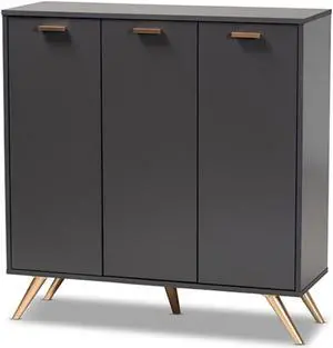 Baxton Studio Kelson Modern and Contemporary Dark Grey and Gold Finished Wood 3-Door Shoe Cabinet