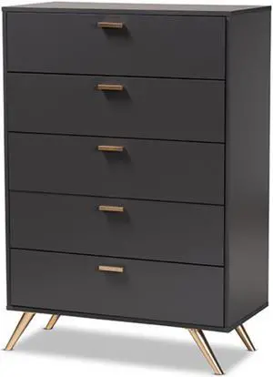 Baxton Studio Kelson Modern and Contemporary Dark Grey and Gold Finished Wood 5-Drawer Chest