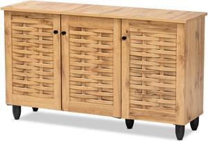 Baxton Studio Winda Modern and Contemporary Oak Brown Finished Wood 3-Door Shoe Cabinet