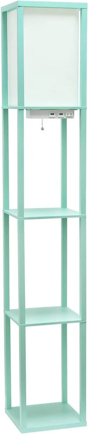 Simple Designs Floor Lamp Etagere Organizer Storage Shelf with 2 USB Charging Ports, 1 Charging Outlet and Linen Shade, Aqua