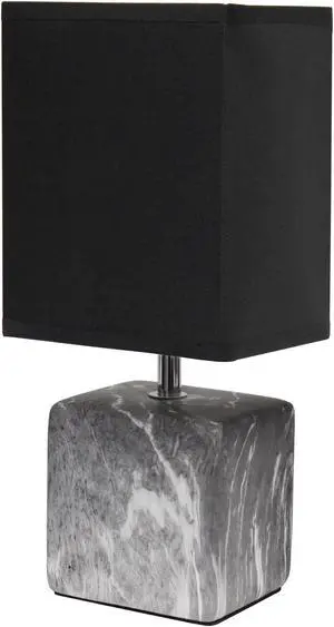 Simple Designs Petite Marbled Ceramic Table Lamp with Fabric Shade, Black with Black Shade