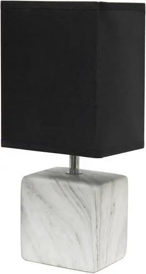 Simple Designs Petite Marbled Ceramic Table Lamp with Fabric Shade, White with Black Shade