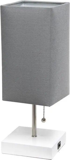 Simple Designs Petite White Stick Lamp with USB Charging Port and Fabric Shade, Gray