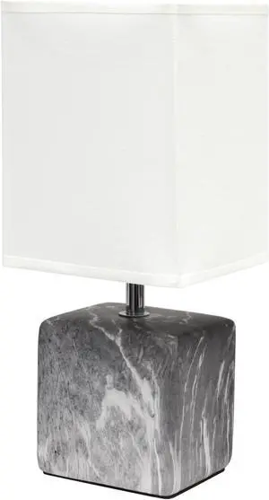 Simple Designs Petite Marbled Ceramic Table Lamp with Fabric Shade, Black with White Shade