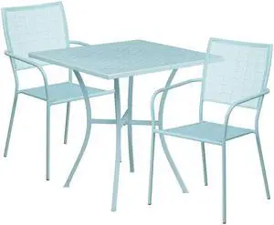 Flash Furniture 28'' Square Sky Blue Indoor-Outdoor Steel Patio Table Set with 2 Square Back Chairs