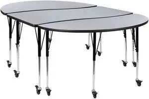 Mobile 60" Half Circle Wave Flexible Collaborative Oak Thermal Laminate Activity Table - Standard Height Adjustable Legs