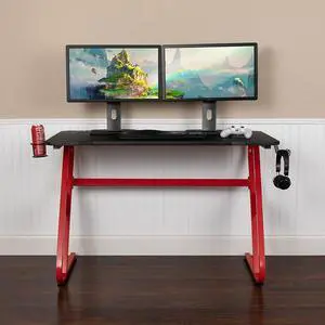 Red Gaming Ergonomic Desk with Cup Holder and Headphone Hook