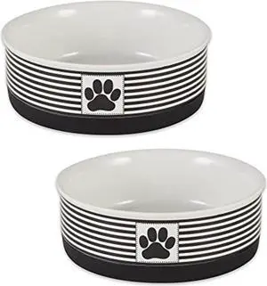 DII Pet Bowl Paw Patch Stripe, Black, Medium 6Dx2H (Set of 2)