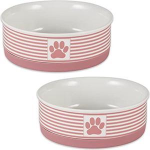 DII Pet Bowl Paw Patch Stripe, Rose, Medium 6Dx2H (Set of 2)