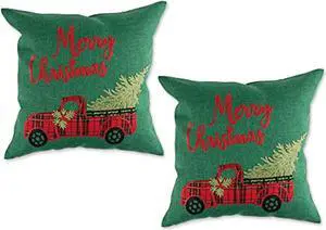 DII Merry Christmas Truck Embroidered Pillow Cover 18x18 inch, 2 Piece
