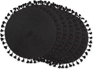 DII Black Tassel Fringe Pp Woven Round Placemat Set of 6