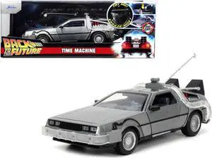 DeLorean Brushed Metal Time Machine with Lights "Back to the Future" (1985) Movie "Hollywood Rides" Series 1/24 Diecast Model Car by Jada