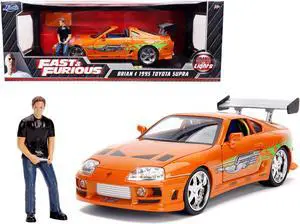 1995 Toyota Supra Orange Metallic with Lights and Brian Figurine \Fast & Furious\ Movie 1/18 Diecast Model Car by Jada"""
