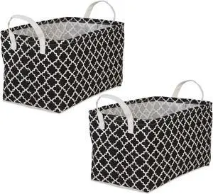 DII PE-Coated Cotton Polyester Laundry Bin Lattice Black Rectangle Large 10.5x17.5x10.5 (Set of 2)