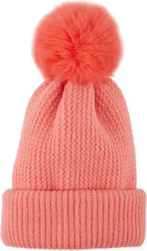 Hadley Wren Plush Knit Pom Pom Beanie, Coral