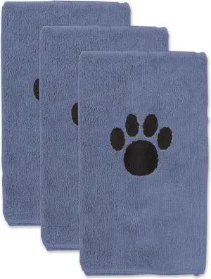DII Stonewash Blue Embroidered Paw Small Pet Towel (Set of 3)