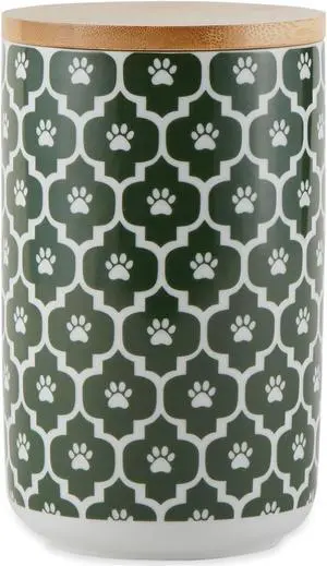 DII Hunter Green Paw Lattice Print Ceramic Treat Canister