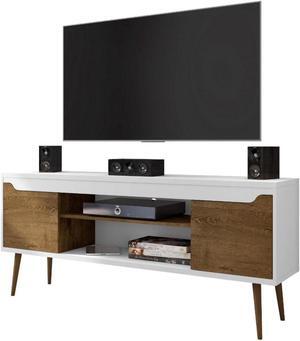 Bradley 62.99 TV Stand White and Rustic Brown with 2 Media Shelves and 2 Storage Shelves in White and Rustic Brown with Solid Wood Legs