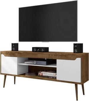 Bradley 62.99 TV Stand Rustic Brown and White  with 2 Media Shelves and 2 Storage Shelves in Rustic Brown and White  with Solid Wood Legs