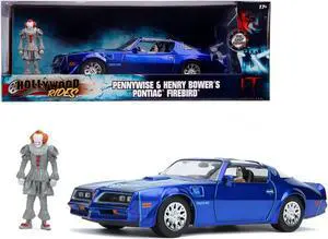 Henry Bower\'s Pontiac Firebird Trans Am Candy Blue with Pennywise Diecast Figurine \It Chapter Two\ (2019) Movie 1/24 Diecast Model Car by Jada"""
