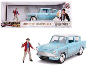 1959 Ford Anglia Light Blue (Weathered) with Harry Potter Diecast Figurine 1/24 Diecast Model Car by Jada