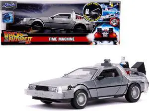 DeLorean Brushed Metal Time Machine with Lights (Flying Version) \Back to the Future Part II\ (1989) Movie \"Hollywood Rides\" Series 1/24 Diecast Model Car by Jada"""
