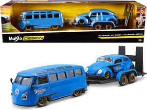 Volkswagen Van Samba & Volkswagen Beetle & Flatbed Trailer Blue "Kool Kafers" Set of 3 pcs 1/24 Diecast Model Cars by Maisto