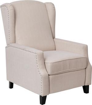 Prescott Traditional Style Slim Push Back Recliner Chair-Wingback Recliner with Cream Fabric Upholstery-Accent Nail Trim