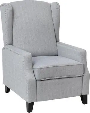 Prescott Traditional Style Slim Push Back Recliner Chair-Wingback Recliner with Gray Polyester Fabric Upholstery-Accent Nail Trim