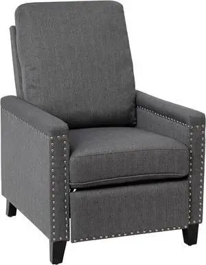 Carson Transitional Style Push Back Recliner Chair - Pillow Back Recliner - Gray Fabric Upholstery - Accent Nail Trim