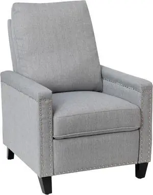 Carson Transitional Style Push Back Recliner Chair - Pillow Back Recliner - Light Gray Fabric Upholstery - Accent Nail Trim