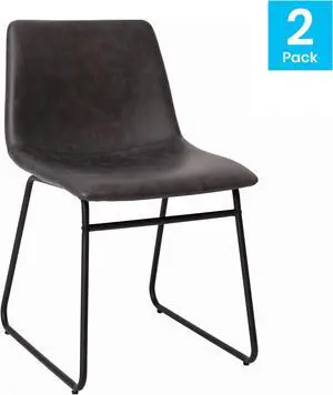 18 inch Dining Table Height Chair, Mid-Back Sled Base Dining Chair in Dark Gray LeatherSoft with Black Frame, Set of 2