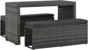vidaXL 3 Piece Patio Dining Set with Cushions Poly Rattan Gray