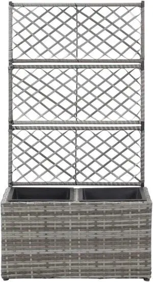 vidaXL Trellis Raised Bed with 2 Pots 22.8" x 11.8" x 42.1" Poly Rattan Gray