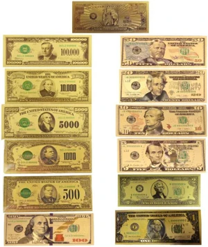 Mega Max 24K Gold Plated US Dollar Fake Banknotes Set of 13 Timeless Collection Protector Sold Separately Mega Max 24K Gold Plated US Dollar Fake Banknotes Set of 13 Timeless Collection Protector Sold Separately