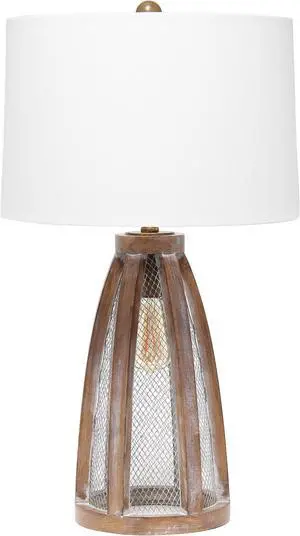 Lalia Home Wooded Arch Farmhouse Table Lamp with White Fabric Shade, Old Wood