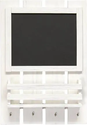 Elegant Designs Chalkboard Sign with Key Holder Hooks and Mail Storage, White Wash
