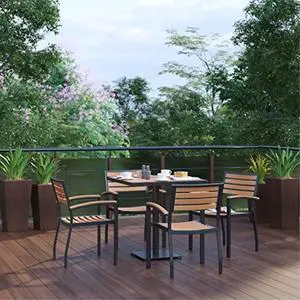 Indoor/Outdoor 5 Piece Patio Dining Table Set with 30" Square Faux Teak Table & 4 Stacking Club Chairs with Teak Accented Arms