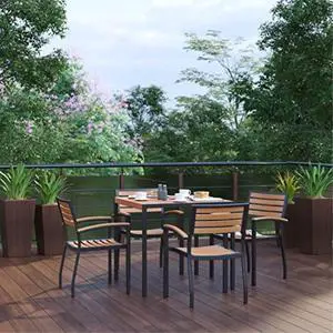 5 Piece Outdoor Dining Table Set - Synthetic Teak Poly Slats - 35" Square Steel Framed Table with Umbrella Hole - 4 Club Chairs