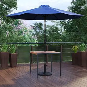 3 Piece Outdoor Patio Table Set - 35" Square Synthetic Teak Patio Table with Navy Umbrella and Base