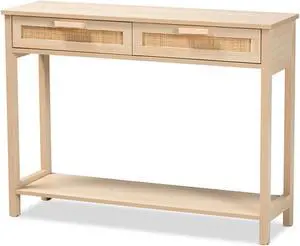 Baxton Studio Sebille Mid-Century Modern Light Brown Finished Wood 2-Drawer Console Table with Natural Rattan