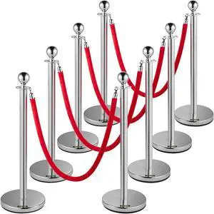 Vevor 8 Pcs Crowd Control Stanchion Set Queue Barrier W/ Red Velvet Rope-silver