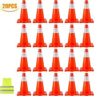 VEVOR Traffic Safety Cones 20 PCS PVC Parking Cones 18" W/ 1 Reflective Collars 11" X 11" Red PVC Base For Higher Warning Roads Construction Sites