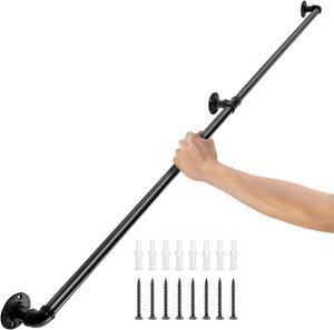 VEVOR Pipe Stair Handrail, 4ft Staircase Handrail, 440lbs Load Capacity Carbon Steel Pipe Handrail, Industrial Pipe Handrail With Wall Mount Support, Round Corner Wall Handrailings For Indoor, Outdoor