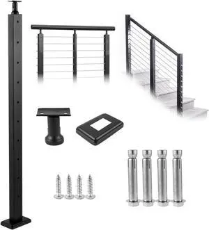 VEVOR Cable Railing Post Deck Railing 42x1x2" Black Post W/ Pre-drilled Holes