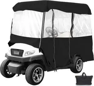 Golf Cart Cover 4 Passenger Waterproof Black Rain Cover Enclosure W/ Back Seat