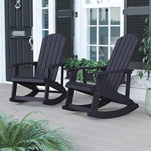 Savannah All-Weather Poly Resin Wood Adirondack Rocking Chair with Rust Resistant Stainless Steel Hardware in Black - Set of 2